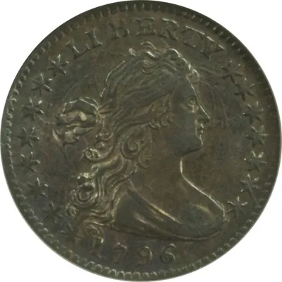Obverse of Draped Bust Quarter showing Liberty with draped bust facing right, hair tied with ribbon