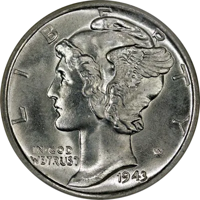Obverse of Mercury Dime showing Winged Liberty Head (often called Mercury)