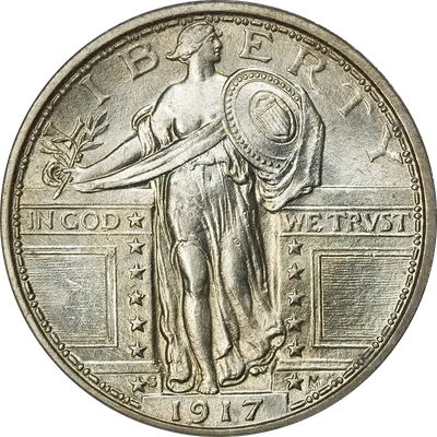 Obverse of Standing Liberty Quarter showing Liberty standing with shield and olive branch