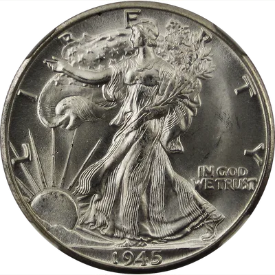 Walking Liberty Half Dollar - Liberty walking toward sunrise with American flag draped over shoulders